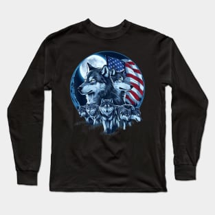 Wolves Under Moon Howling Wolf 4th of July American Flag Long Sleeve T-Shirt